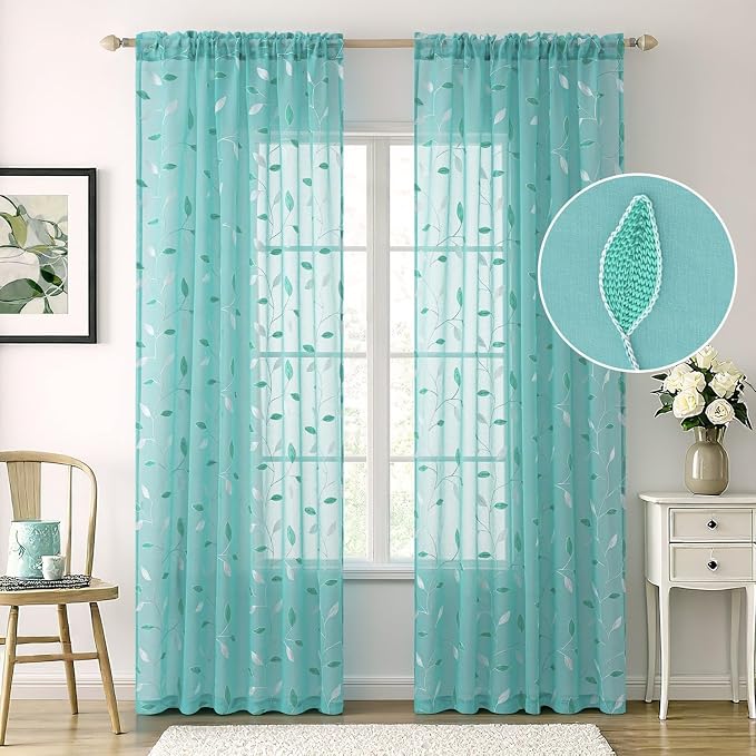MIULEE Turquoise Sheer Curtains 2 Panels Leaf Patterned, W52 x L63 | - Image 2