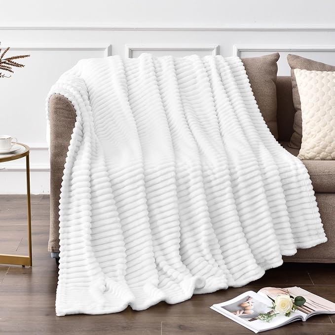 BEDELITE Ribbed Jacquard White Fleece Throw Blanket by BEDELITE
