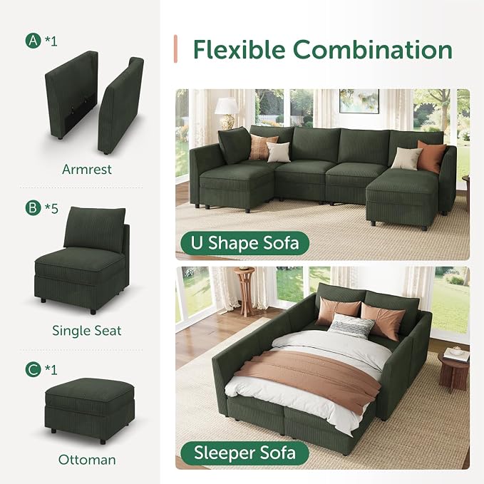 HONBAY Modular Sectional Sleeper Sofa Green Couch L Shaped Sectional Sofa - Image 5