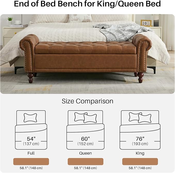 SOFTHION 58.1" Storage Bench Upholstered PU Leather End of Bedroom Bed Bench - Image 6