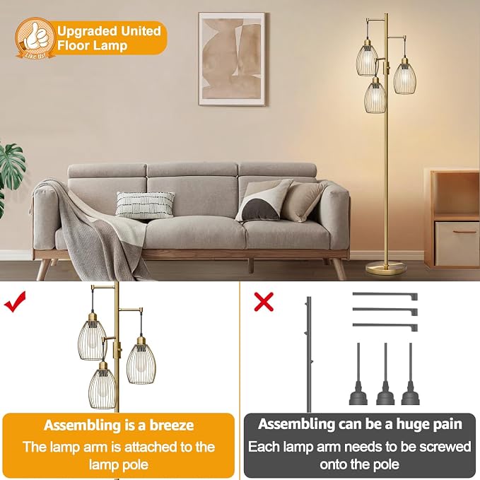 Dimmable Floor Lamp, 3 x 800LM LED Edison Bulbs Included, Farmhouse Industrial - Image 4