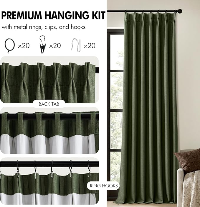 MIULEE Olive Green Pinch Pleated 100% Blackout Linen Curtains 40x63 Inches | - Image 8