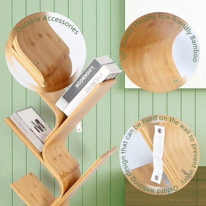 6-Tier Bamboo Tree Modern Bookshelf, Creative Curved Standing Bookcase Rack - Image 4