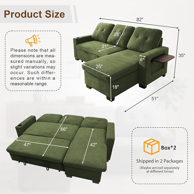 KCGKCG 82" L Shaped Sleeper Sofa Bed, Pull Out Sectional Couch - Image 2