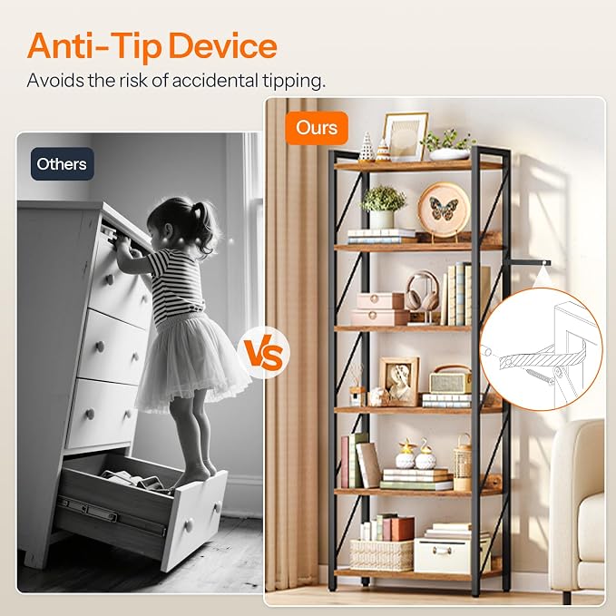 HOOBRO Bookshelf, 6-Tier Industrial Bookcase, Book Shelf Storage Organizer - Image 6