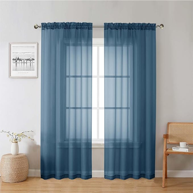 Dusty Blue Sheer Curtains 78 Inches Long 2 Panels, Light Filtering Breathable by Lecloud