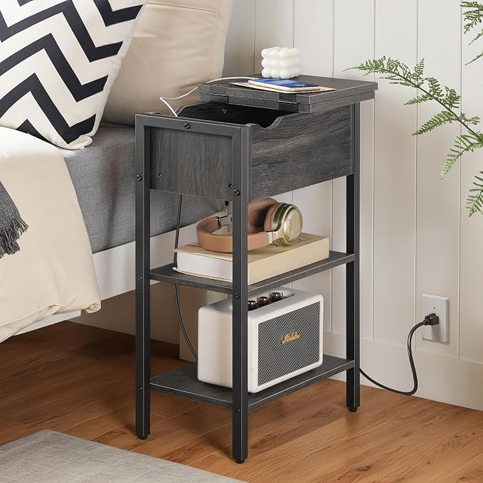 HOOBRO End Table with Charging Station, Narrow Side Table, Flip Top Nightstand - Image 2