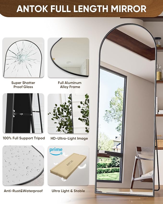 Antok 65" x22” Arched Full Length Floor Mirror, Free Standing/Wall Mount/Leaning - Image 4