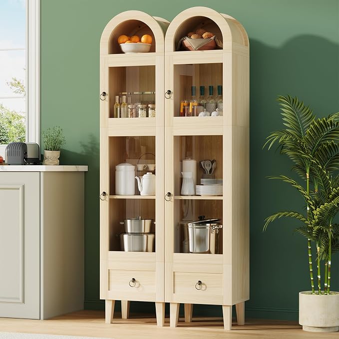 71" Tall Arched Cabinet with Acrylic Door, Modern Curio Arched Bookcase W/Drawer - Image 7
