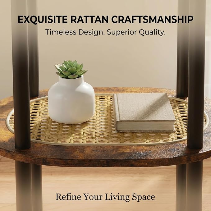 Small Rattan Side Table with Storage, 3 Tier Round/Oval End Table with Rattan - Image 5