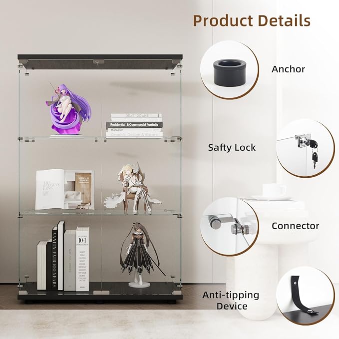 Display Cabinet with Glass Door and Lock, 3-Shelf Fast Installation Curio - Image 4