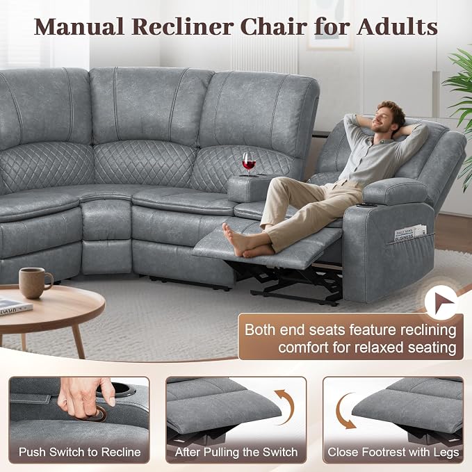 Yolsali Manual Reclining Sectional Sofa Set, 7 Seats Soft Leather Recliner - Image 6