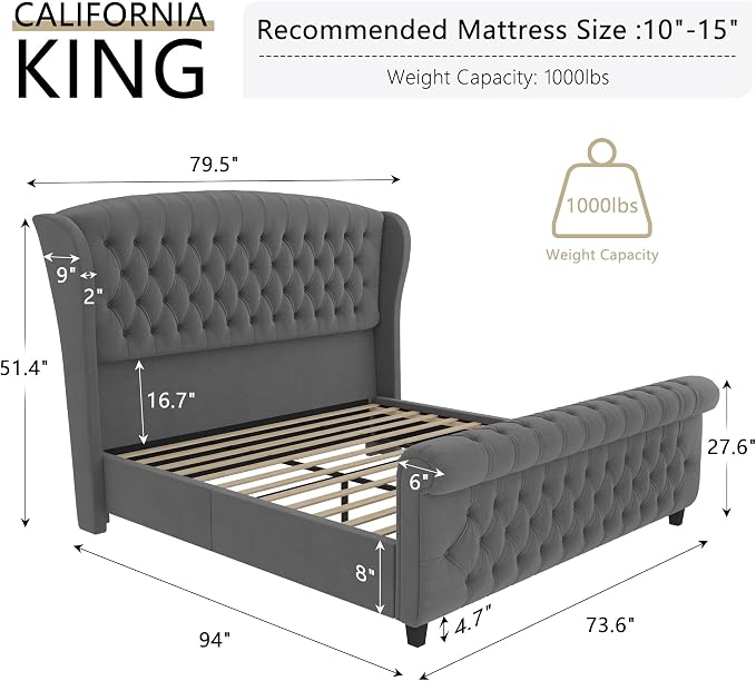 AMERLIFE California King Size Platform Bed Frame, Velvet Upholstered Sleigh Bed - Image 2