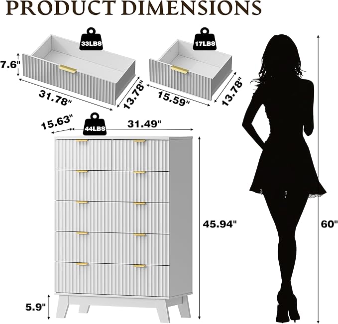 BORNOON 46" Tall Dresser for Bedroom, 6-Drawer Fluted Chest of Drawers - Image 2