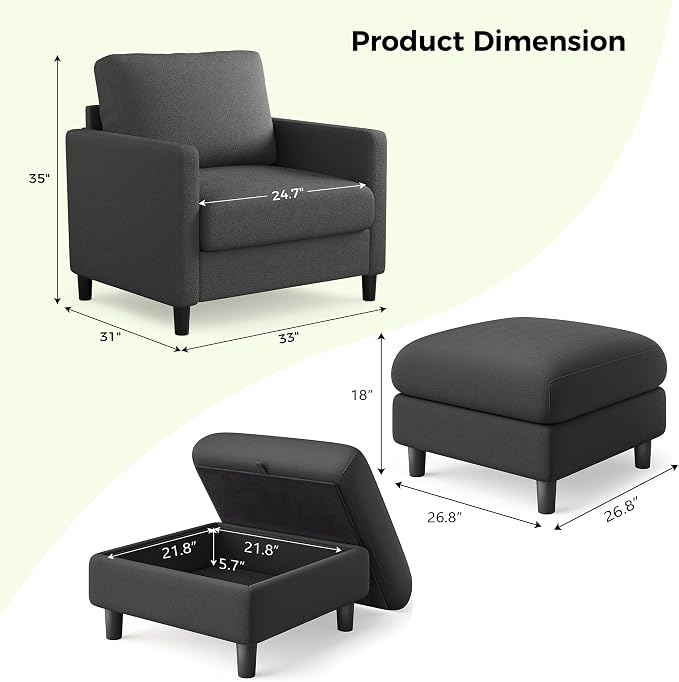 Welzona Sofa Accent Chair with Ottoman, Tool-Free Setup Living Room Accent - Image 2