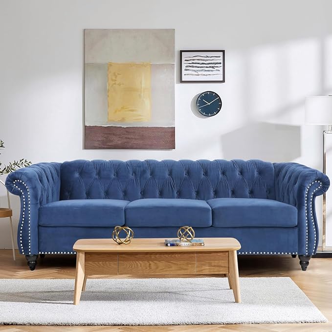 Mid-Century 3 Seater Sofa, Velvet Couch by YUCHIATHSoulFurniture
