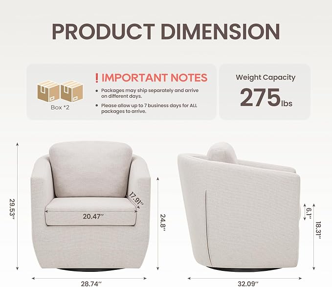 COLAMY 360° Swivel Accent Chair Set of 2 No-Sag Foam & Sturdy Metal Base - Image 2