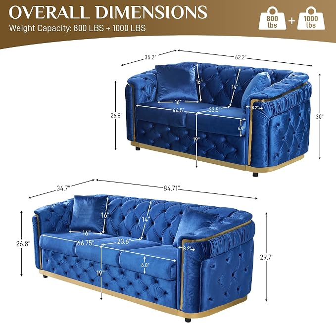 DAMAIFROM Luxury Velvet Couch Set Blue and Gold Sofa, Mid Century Modern - Image 2