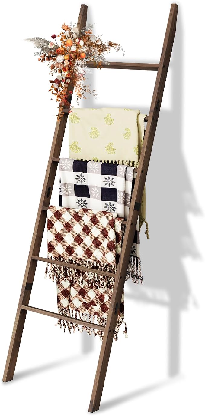 Acacia Wood 6-Tier Blanket Ladder, 5.7FT Blanket Quilt Towel Holder Rack by Delywh