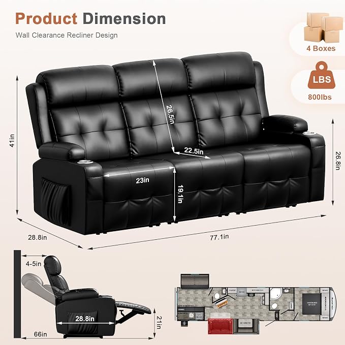 RV Loveseat Recliner Sofa, 3 Seater Massage Wall Hugger Reclining Couch - Image 2