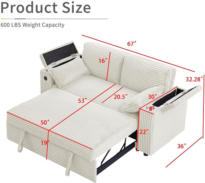 hansones 68.11" Corduroy Sleeper Chair Bed - Image 2