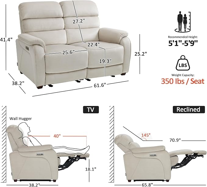 MCombo 61.6'' Wall Hugger Power Loveseat Recliner, Reclining Loveseat - Image 2