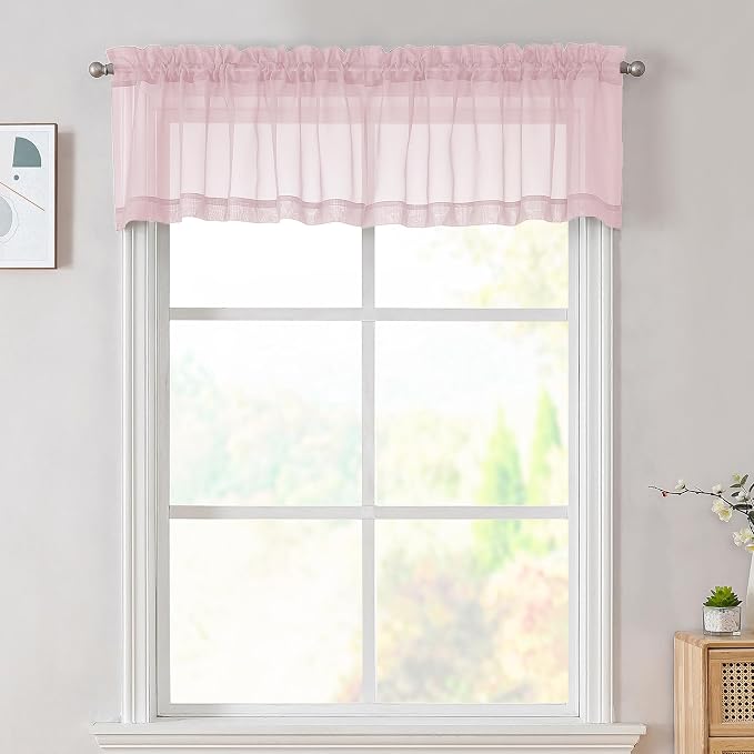 Blush Pink Sheer Valances for Windows 14 Inch Length 2 Pcs, Light Filtering by OVZME