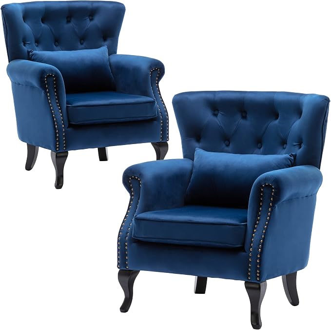 Set of 2 Mid-Century Modern Accent Chair, Velvet Armchair w/Tufted Back/Wood by DMFurniture
