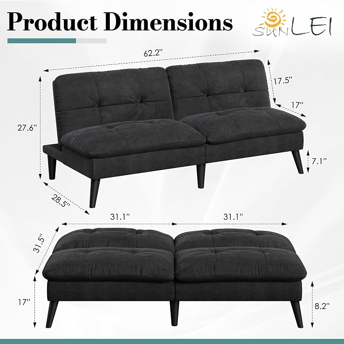 Shintenchi Futon Sofa Bed, Foldable Small Velvet Couch Bed - Image 2