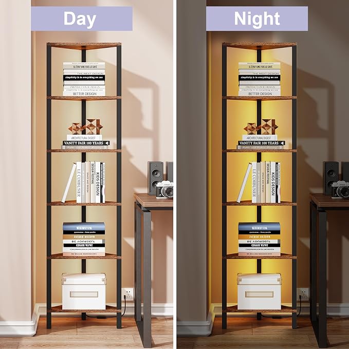 TUTOTAK Corner Shelf with LED Light, 6-Tier Corner Bookshelf - Image 5