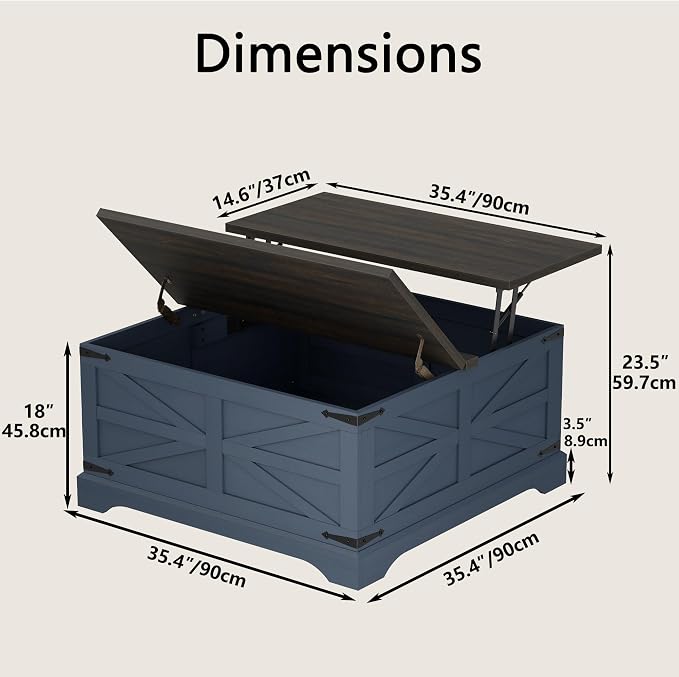 Furnideco 35.5''W Square Coffee Table Farmhouse Lift top Coffee Table - Image 2