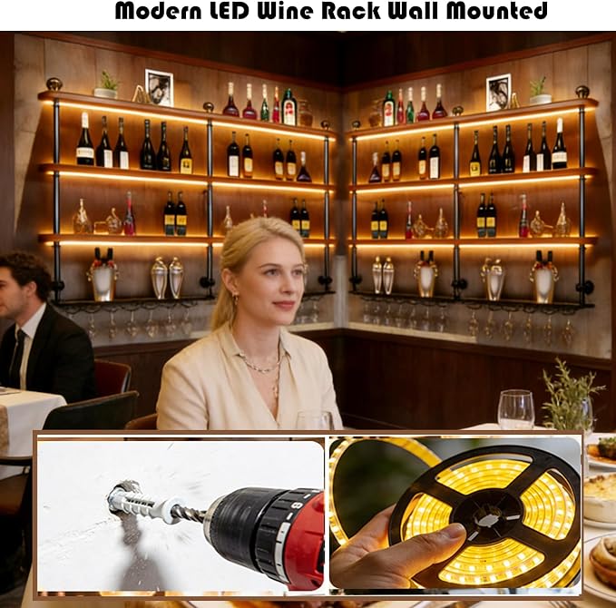 Wall Mounted Wine Rack with LED Lights, 4-Tier Industrial Wood Floating Shelves - Image 5