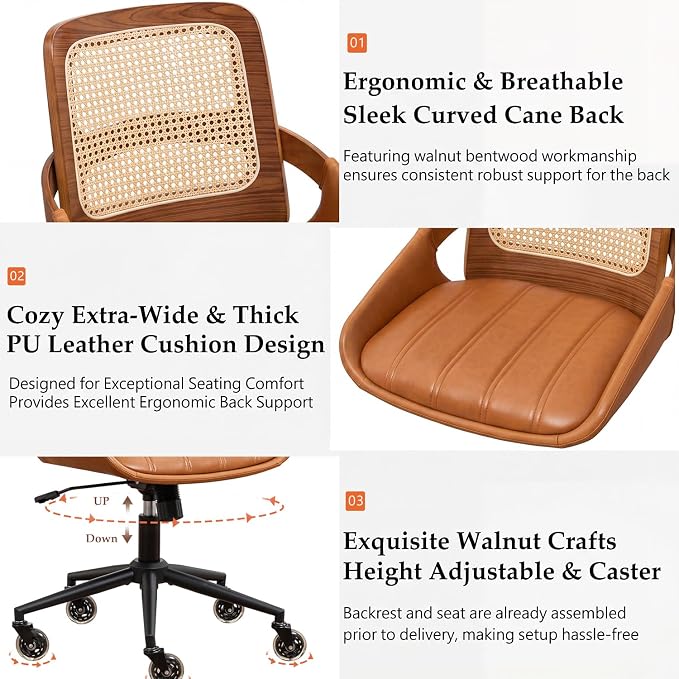 Home Office Desk Chair with Ergonomic Rattan Backrest, Walnut Crafts, Curved - Image 4