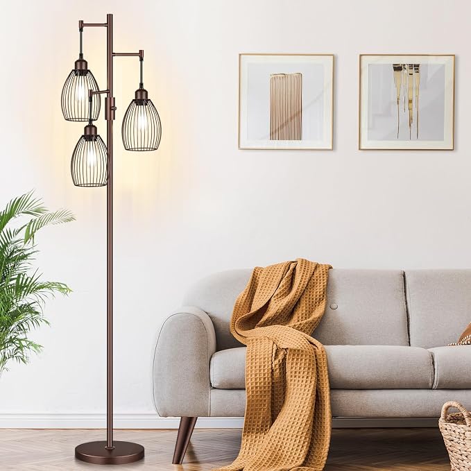 Torondo Dimmable Farmhouse Industrial Floor Lamp, Matte Brown Tree Standing - Image 6