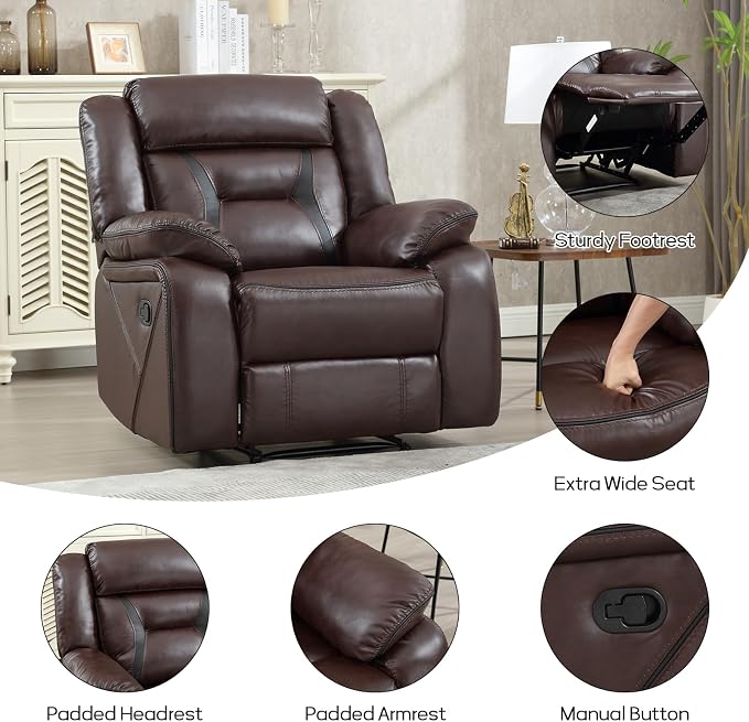 EBELLO Faux Leather Manual Recliner Chair, Modern Design Single Reclining Sofa - Image 3