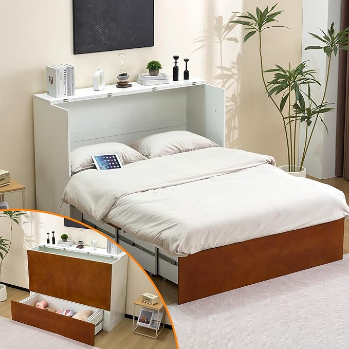 VINGLI Full Murphy Bed with Storage Drawer, 2 Charging Station, Rustic & by VINGLI