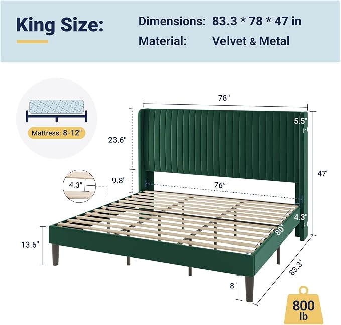 Allewie King Size Bed Frame/Velvet Upholstered Platform Bed/Vertical Channel - Image 2