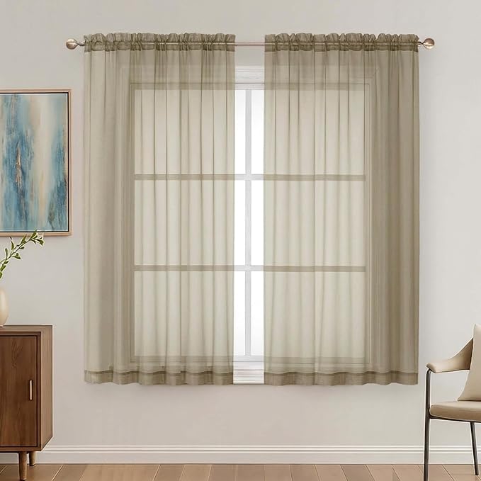 Taupe Sheer Curtains 63 Inches Long 2 Panels Set, Light Filtering Sheer Curtains by OVZME