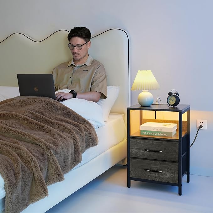 Yoobure Nightstand with Charging Station, LED Night Stand with Fabric Drawers - Image 2
