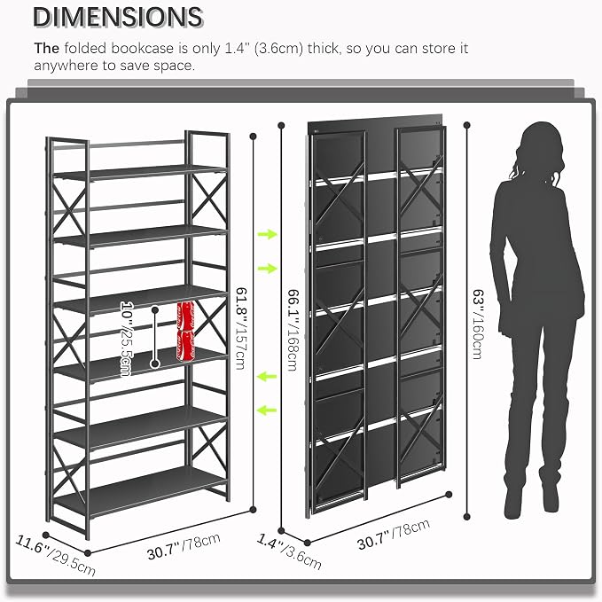 4NM Extra Wide 6 Tiers No Assembly Book Shelves, 61.8" H Folding Bookshelf - Image 2