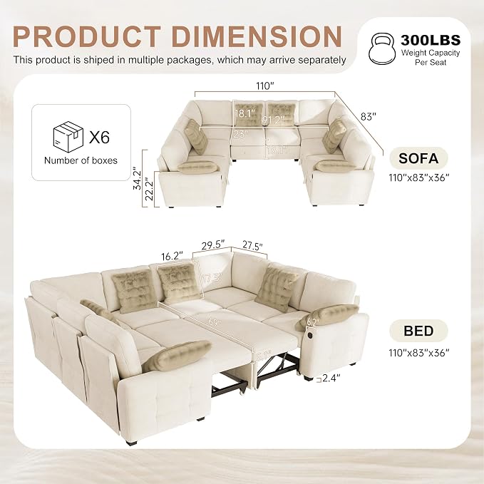 Hanherry Sectional Couch with Pull Out Sofa Bed, Chenille Sleeper Sofa with 2 - Image 2