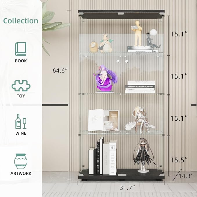 Display Cabinet with Glass Door and Lock, 4-Shelf Curio Cabinets with 5mm - Image 2