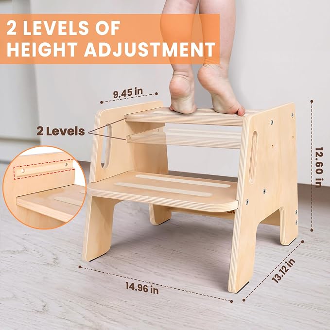 2 Pack Toddler Step Stool, Wooden Height-Adjustable 2-Step Stool - Image 3