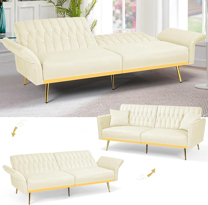 70” Velvet Futon Sofa Bed with 2 Pillows and Adjustable Armrests, Convertible - Image 4