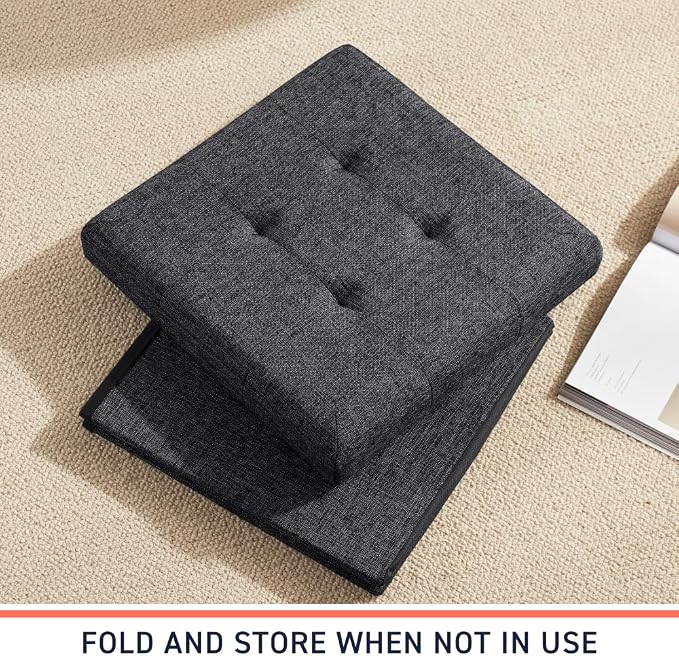 Ornavo Home 2 Pack 15 Inch Folding Storage Ottoman, Square Cube Linen Small - Image 7