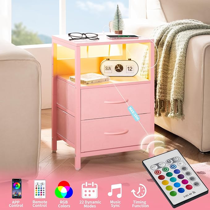 Yoobure Nightstand with Charging Station, LED Night Stand with Fabric Drawers - Image 4
