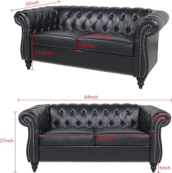 LEVNARY Leather Sofa, Chesterfield Tufted Upholstered 2 Seater Couch, Modern - Image 2