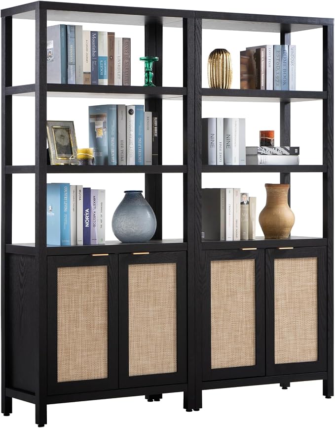 SICOTAS Bookshelf 5 Tier Book Shelf Rattan Boho 71" Tall Bookcase by SICOTAS