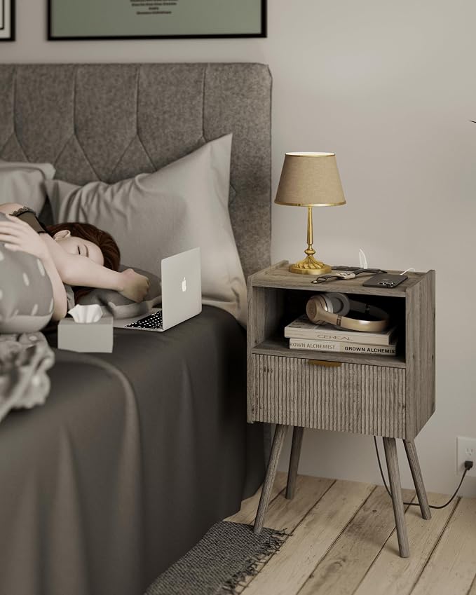 JOONEE Nightstand with Outlet, Modern Bedside Table with Storage Drawer and - Image 3