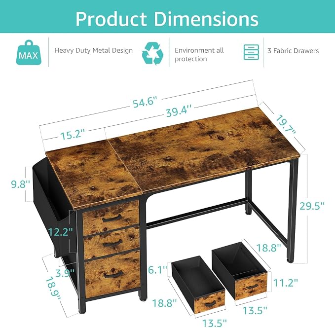 Lufeiya Computer Desk with Fabric File Drawers Cabinet, 55 Inch Reversible Home - Image 3